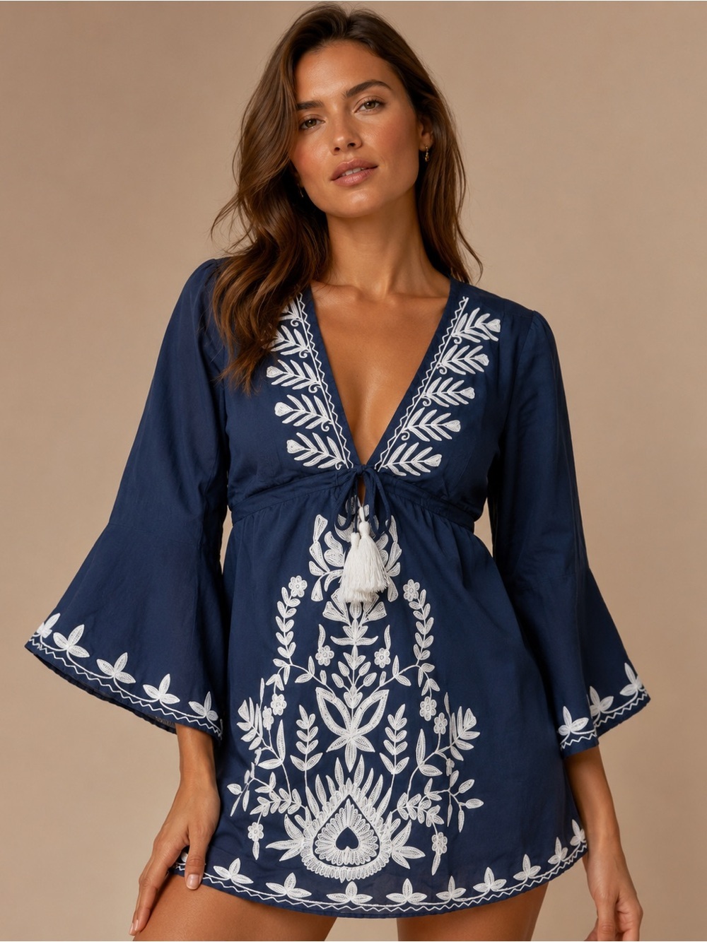 Embroidered Navy Swim Coverup with Tassel Tie